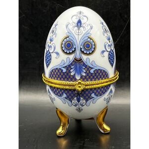 Vtg Footed‎ Ornate Owl Trinket Box Porcelain Hinged Egg Gold Blue White Decor 4"